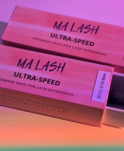 Boxes of MA LASH ultra-speed premade fans lash extensions with branding visible.
